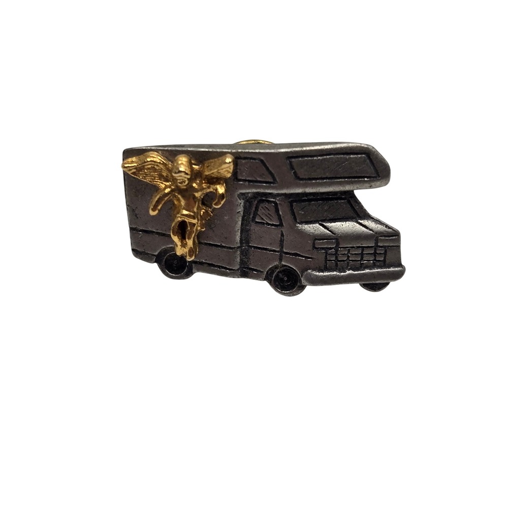 Vintage RV Camper Guardian Angel Pin Motorhome Lapel Pin Pewter Travel Pin